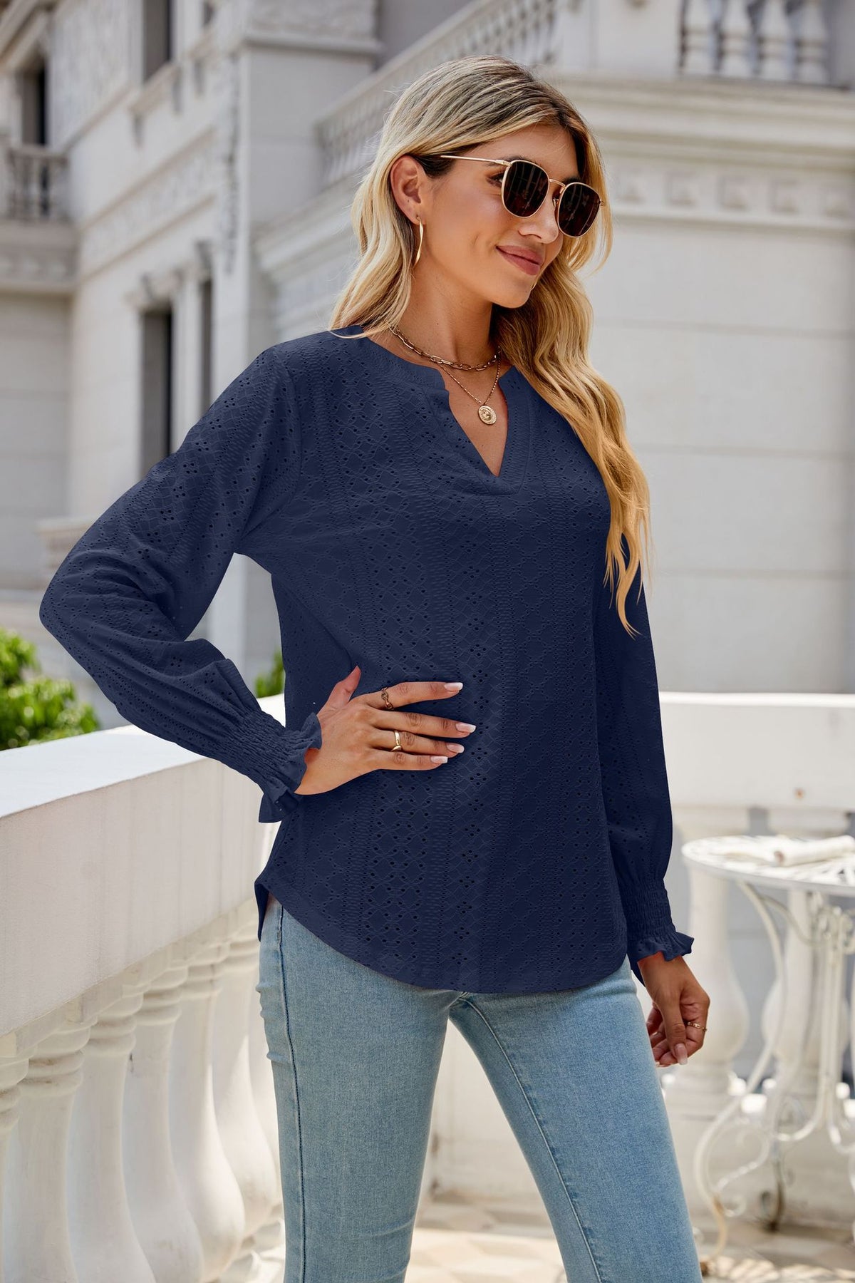 Women's Eyelet V-Neck Long Sleeve Ruffle Cuff Loose Blouse