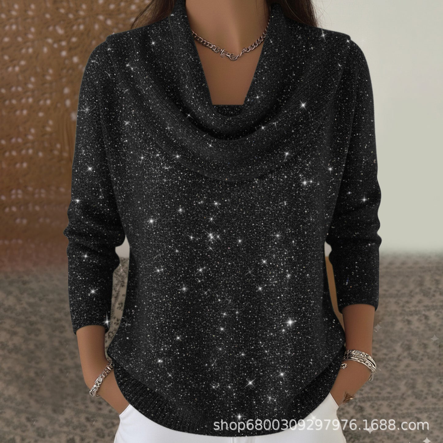 Sequin Cowl Neck Sweater Women Sparkle Pullover Top