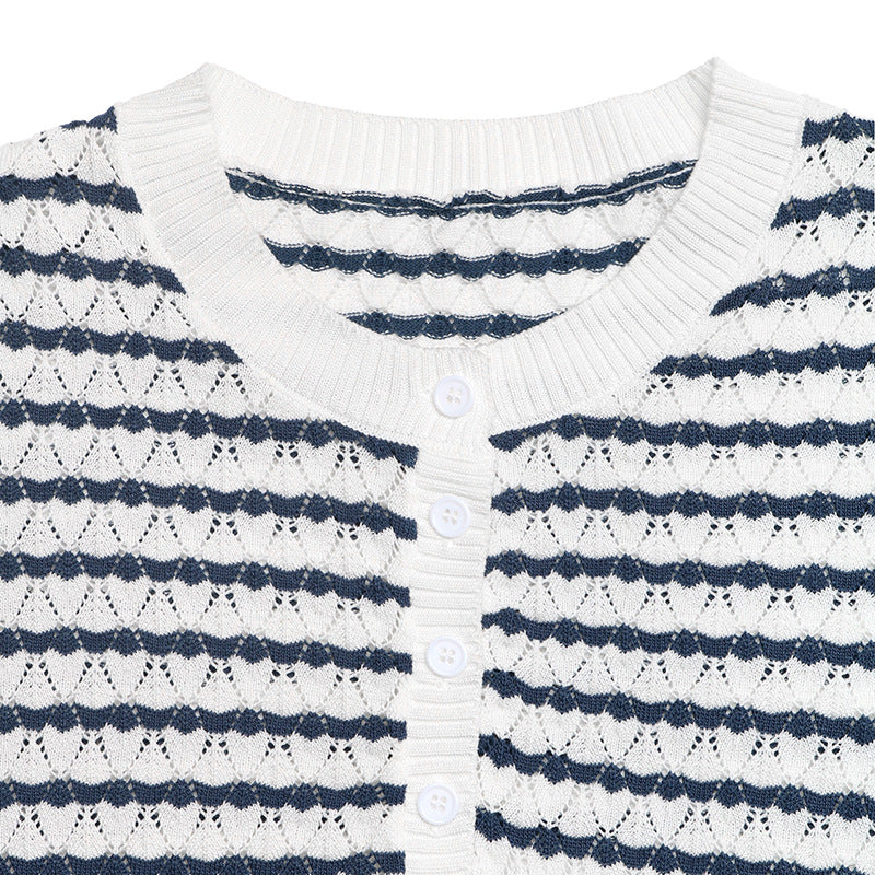 Women's Navy Striped Knit Henley Top Short Sleeve Loose