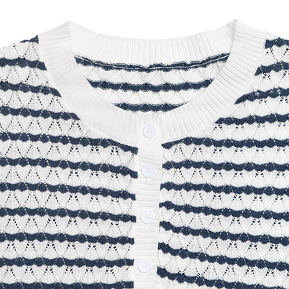 Women's Navy Striped Knit Henley Top Short Sleeve Loose