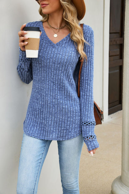 Solid V Neck Waffle Knit Top Lace Sleeve Pullover