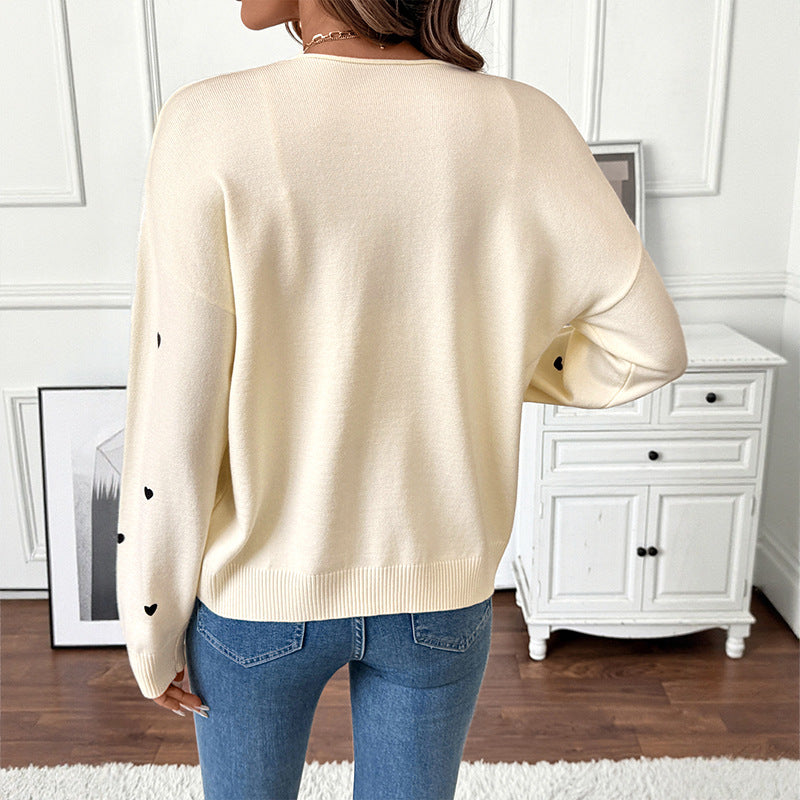 Women's Heart Print V-Neck Tie Front Cardigan Sweater