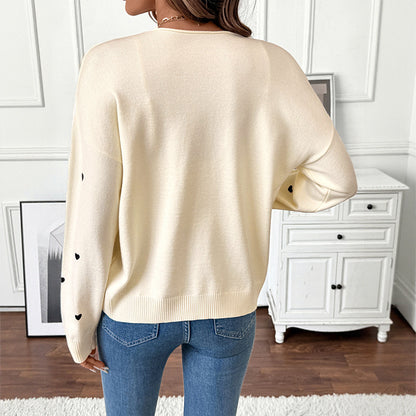 Women's Heart Print V-Neck Tie Front Cardigan Sweater