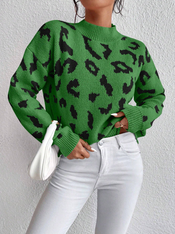 Women's Leopard Print Crew Neck Oversized Pullover Sweater