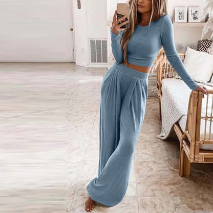 Women's Ribbed Crop Top and Wide Leg Pants Lounge Set