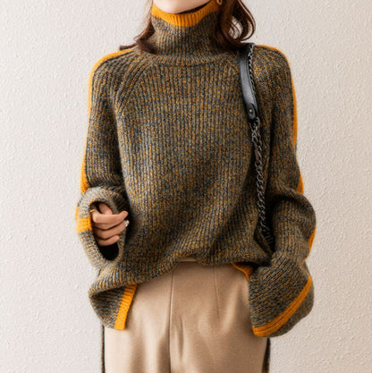 Oversized Chunky Turtleneck Sweater Color Block Pullover