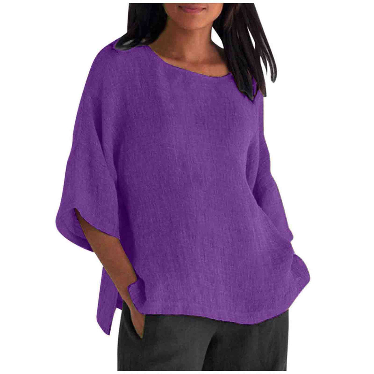 Women's Linen Top Oversized 3/4 Sleeve Round Neck 25 Colors