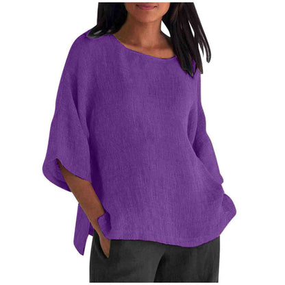 Women's Linen Top Oversized 3/4 Sleeve Round Neck 25 Colors