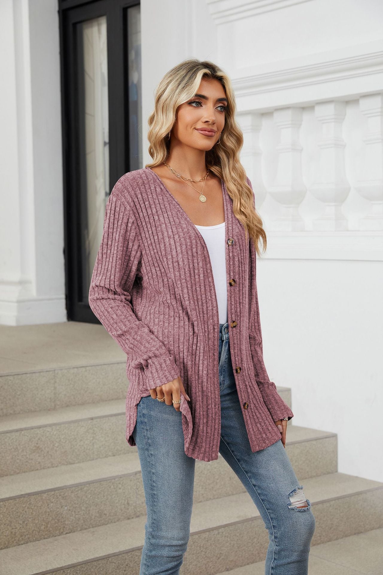 Soft Ribbed Button-Down Knit Cardigan for Fall & Winter