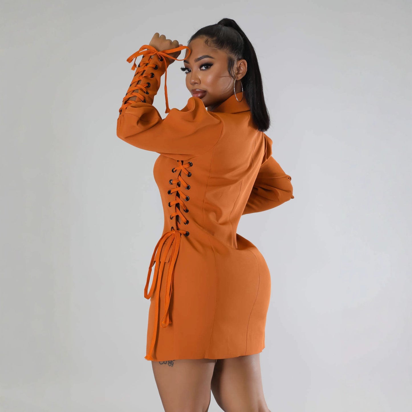 Women's Lace Up Puff Sleeve Blazer Dress Cinched Waist
