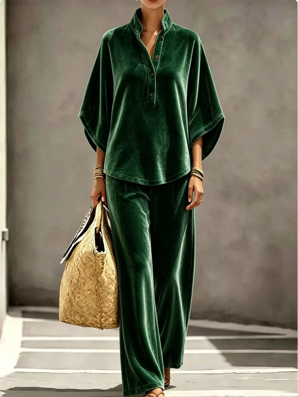 Women's Velvet Two Piece Set Oversized Wide Leg Pants