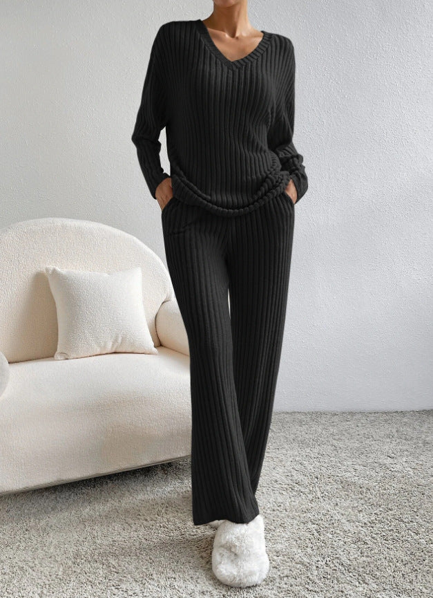 Women's Ribbed Knit V-Neck Two Piece Lounge Set