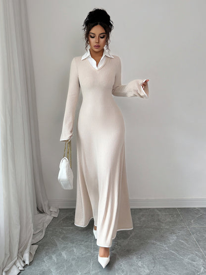 Ribbed Long Sleeve Collared Maxi Dress