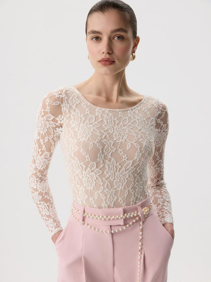Sheer Lace Long Sleeve Top Fitted U Neck Blouse