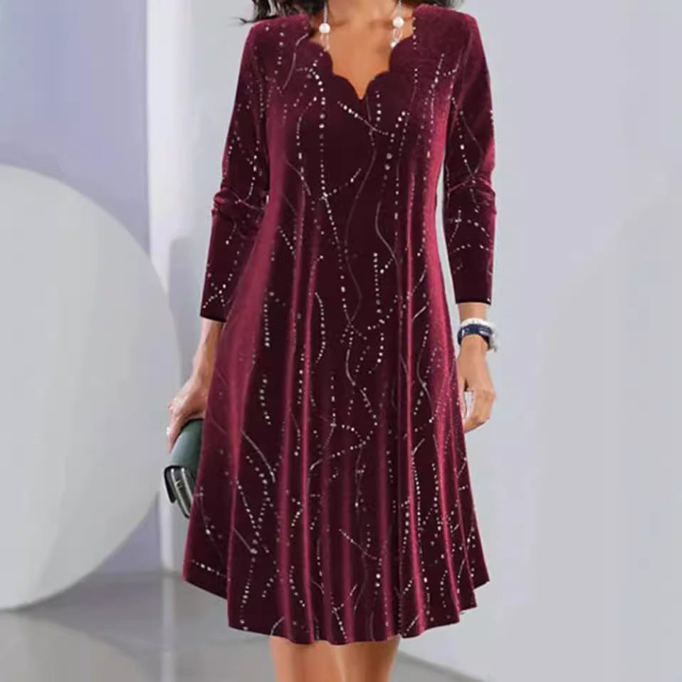 Women's Sequin Velvet V-Neck Long Sleeve Midi Dress