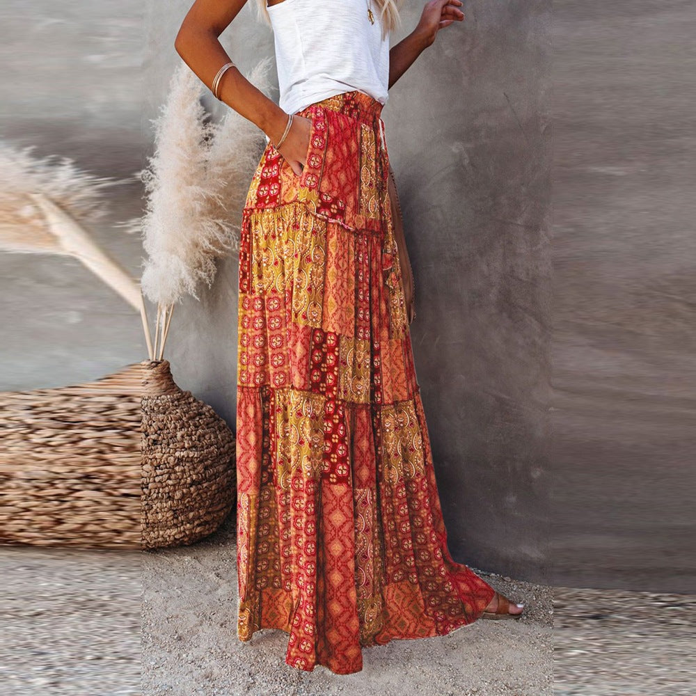 Boho Print Maxi Skirt High Waist Flowy Patchwork