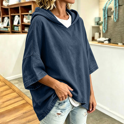 Women's Oversized Denim Hoodie 3/4 Sleeve Pullover Top