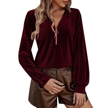 Women's Ribbed Velvet Half Zip V Neck Long Sleeve Top