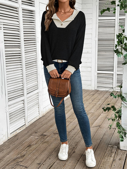 Colorblock V Neck Sweater Women Casual Knit Pullover Top