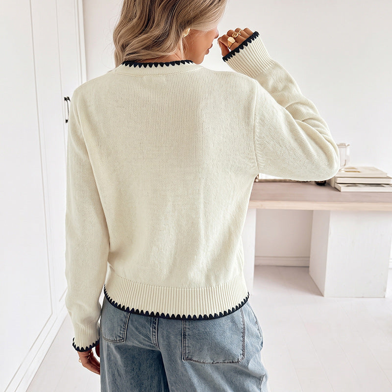 Scallop Trim V Neck Cardigan Contrast Knit Button Front