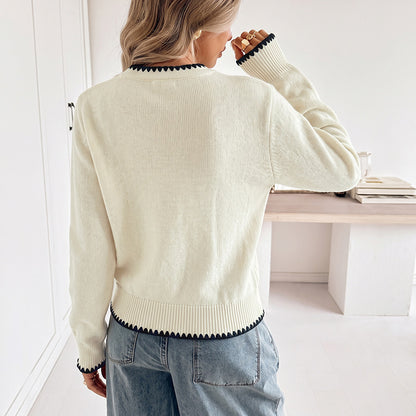 Scallop Trim V Neck Cardigan Contrast Knit Button Front