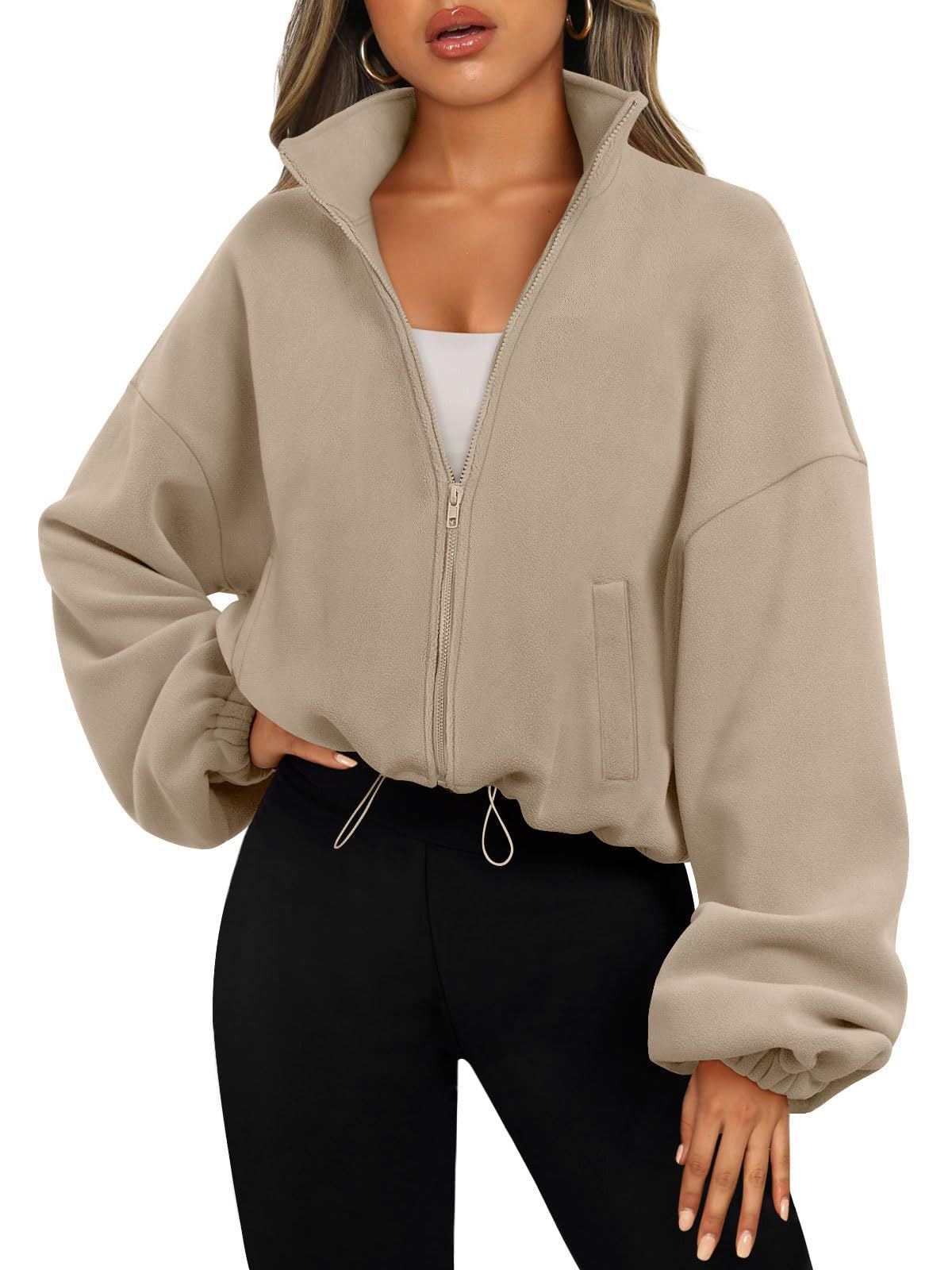 Women's Oversized Stand Collar Zip Up Fleece Jacket