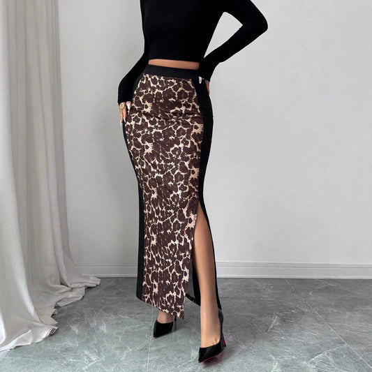 Leopard Print Colorblock Maxi Skirt High Waist Slit Skirt