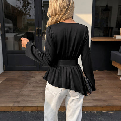 Black Wrap V Neck Peplum Belted Blouse Long Sleeve Top