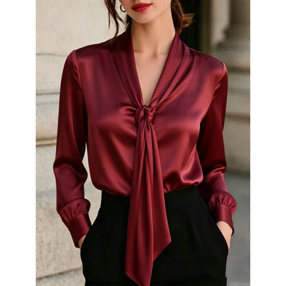 Solid Satin Tie Neck Blouse Long Sleeve Work Top