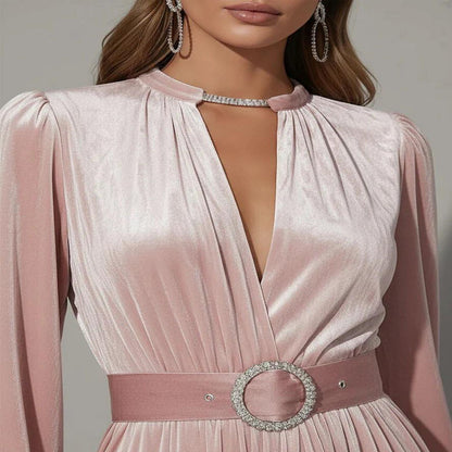 Women's Puff Sleeve V Neck Pleated Belted Maxi Dress