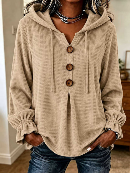 Waffle Knit Hooded Henley V Neck Long Sleeve Top
