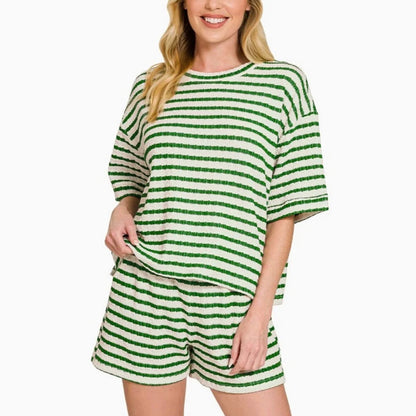 Stripe Textured Knit Lounge Set Casual Shorts Outfit