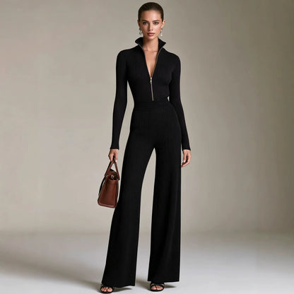 Women's Ribbed Knit Half Zip Wide Leg Jumpsuit