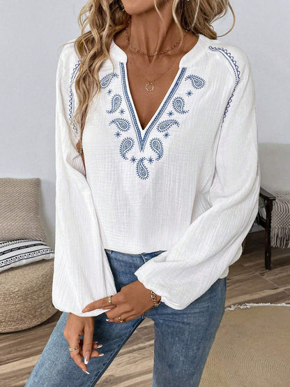 Boho Embroidered Cotton Blouse Women V Neck Peasant Top