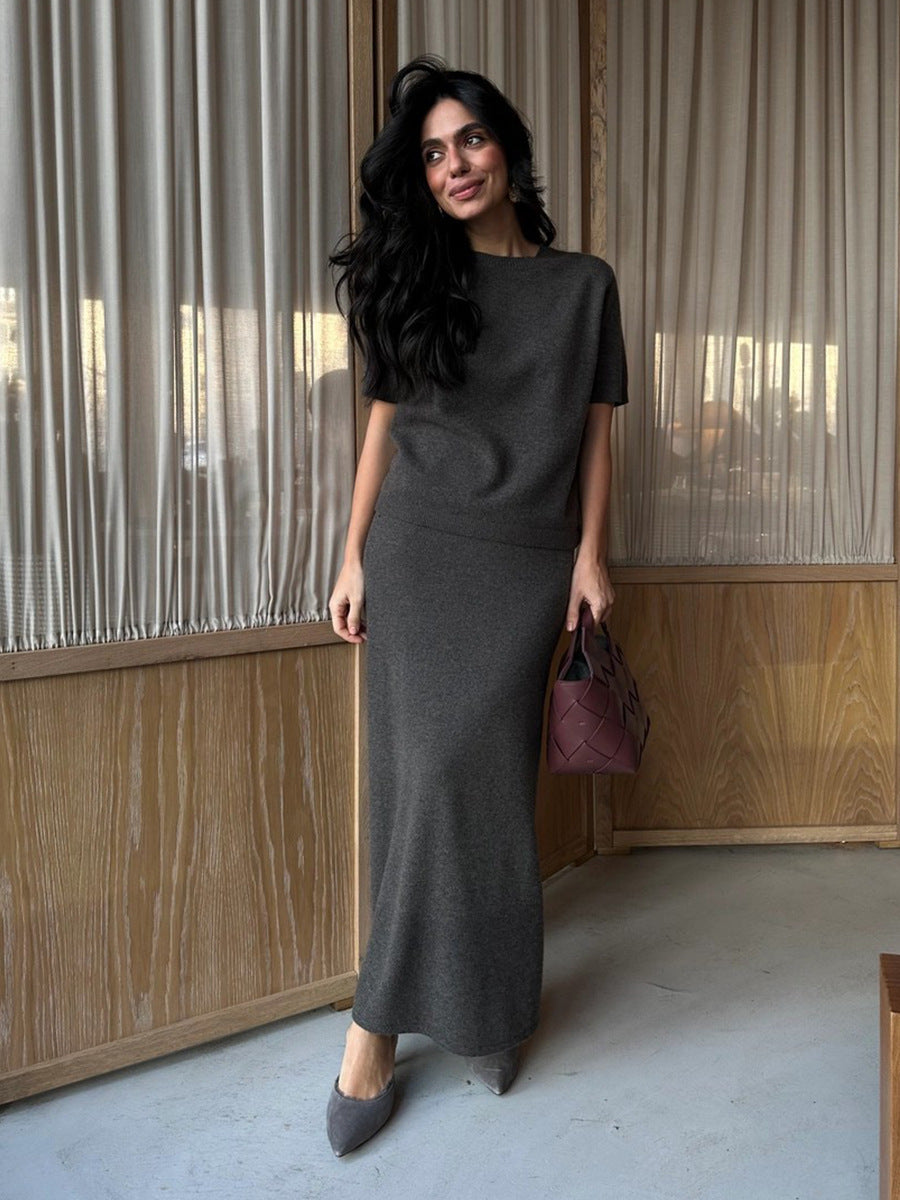Ribbed Knit Two Piece Set Maxi Skirt Flutter Sleeve