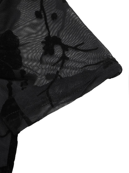 Sexy Chinese Style Sheer Mesh Flocked Cut-Out Top