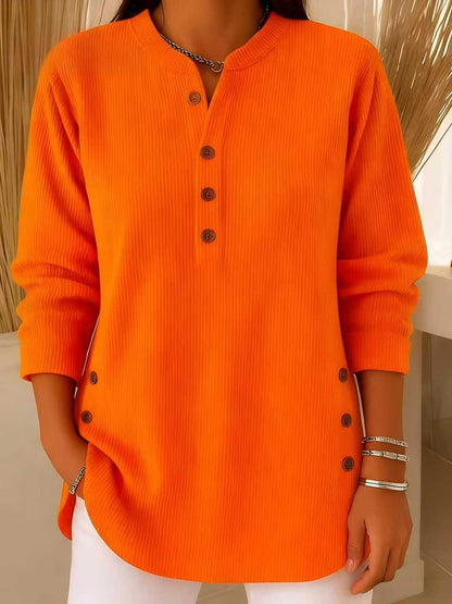 Corduroy Button Front Long Sleeve Henley Top
