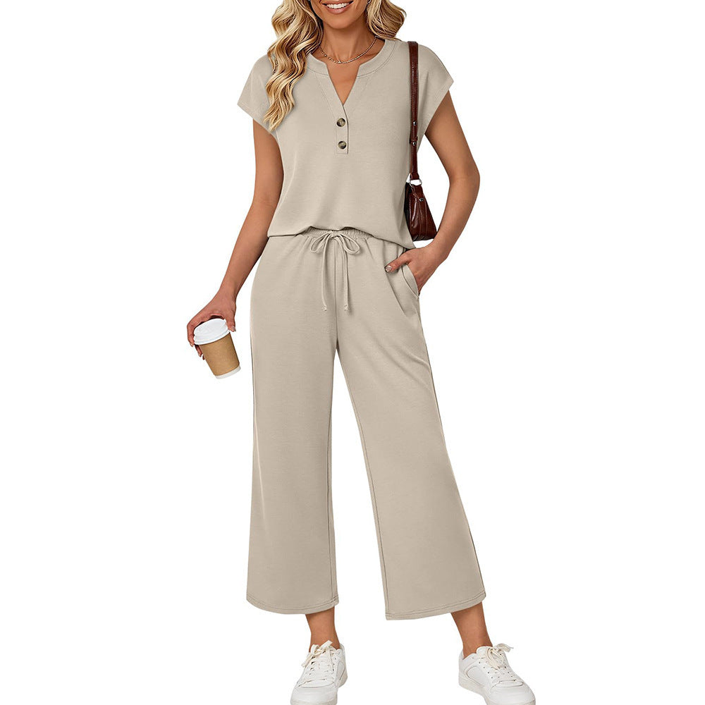 Button Front Short Sleeve Top and Wide Leg Pants Set
