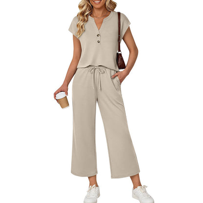 Button Front Short Sleeve Top and Wide Leg Pants Set