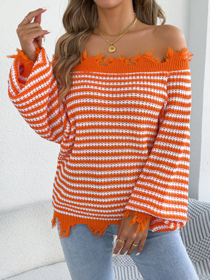 Off Shoulder Striped Sweater Distressed Balloon Sleeve
