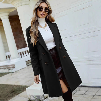 Women's Double Breasted Wool Blend Midi Winter Coat