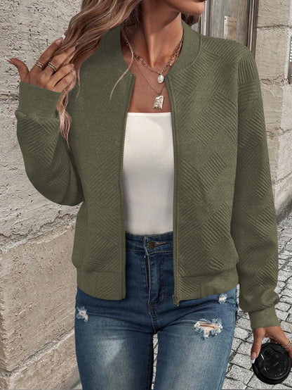 Solid quilted bomber jacket zip front relaxed fit