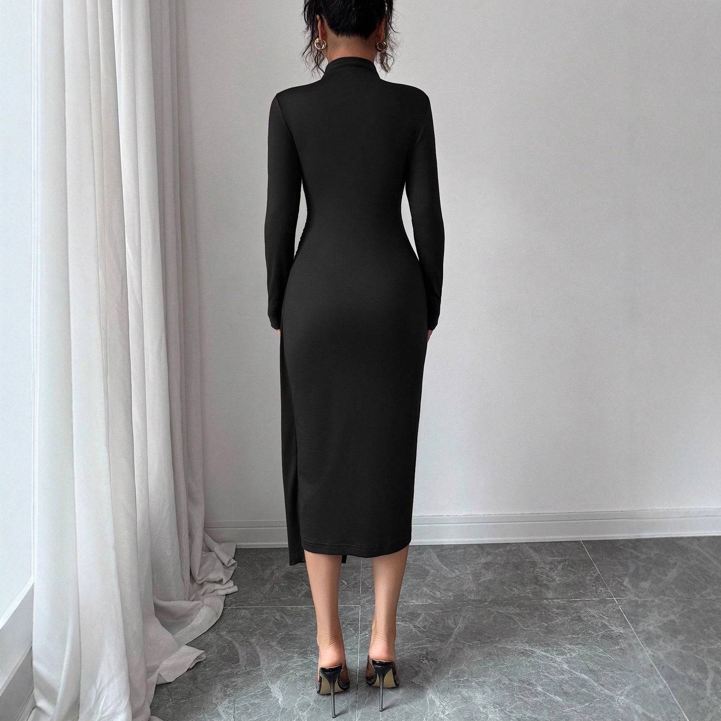 Mock Neck Ruched Bodycon Midi Dress with Gold Detail