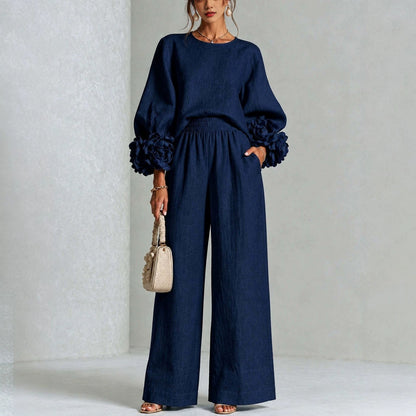 Women's Floral Cuff Top Wide Leg Pants Matching Set