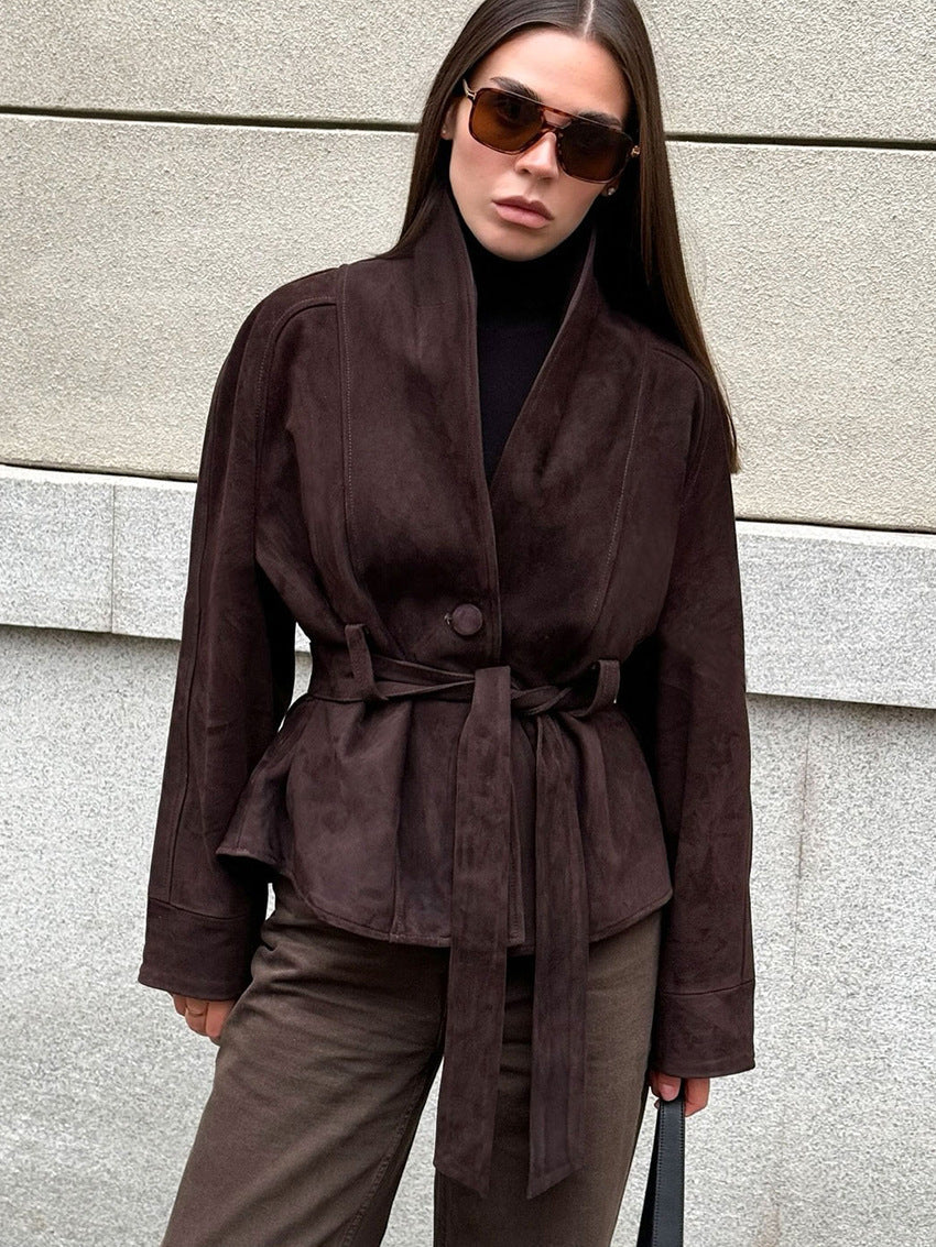 Women Faux Suede Belted Jacket Long Sleeve Vintage