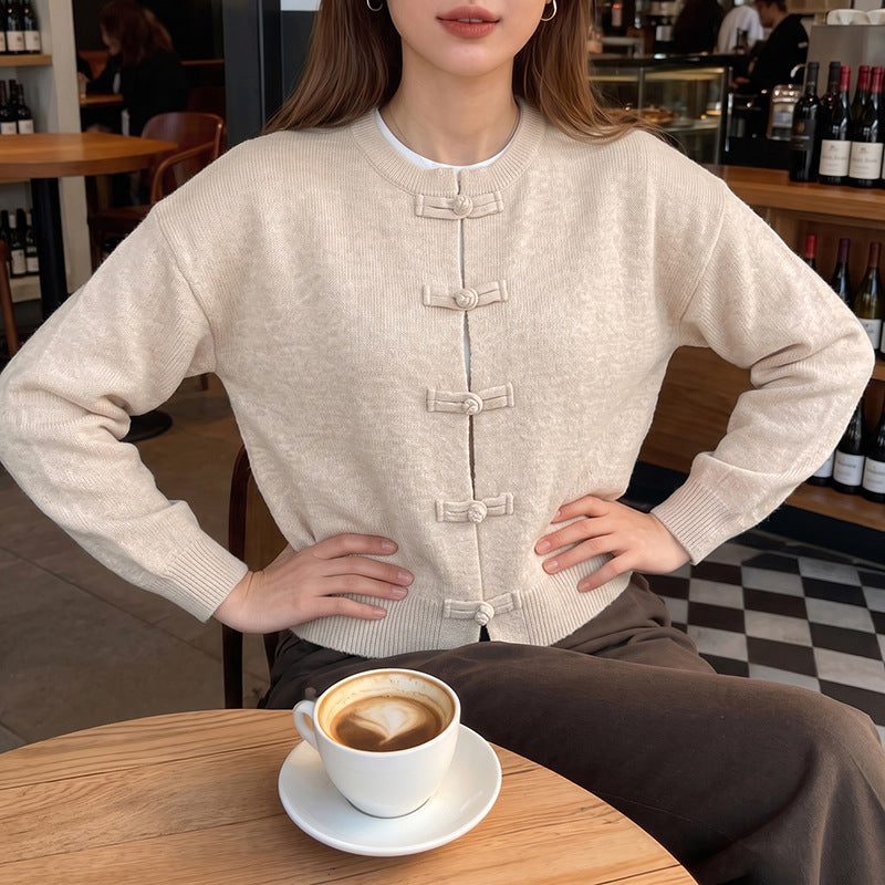 Frog Closure Knit Cardigan Long Sleeve Relaxed Fit