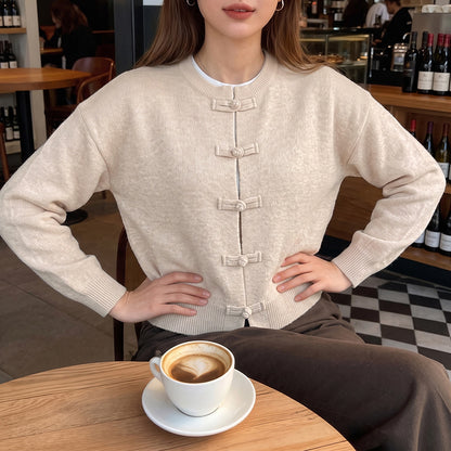 Frog Closure Knit Cardigan Long Sleeve Relaxed Fit