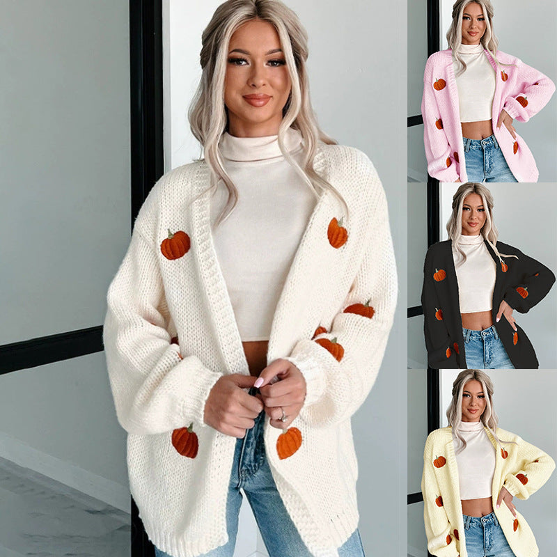 Women's 3D Pumpkin Chunky Knit Cardigan Sweater
