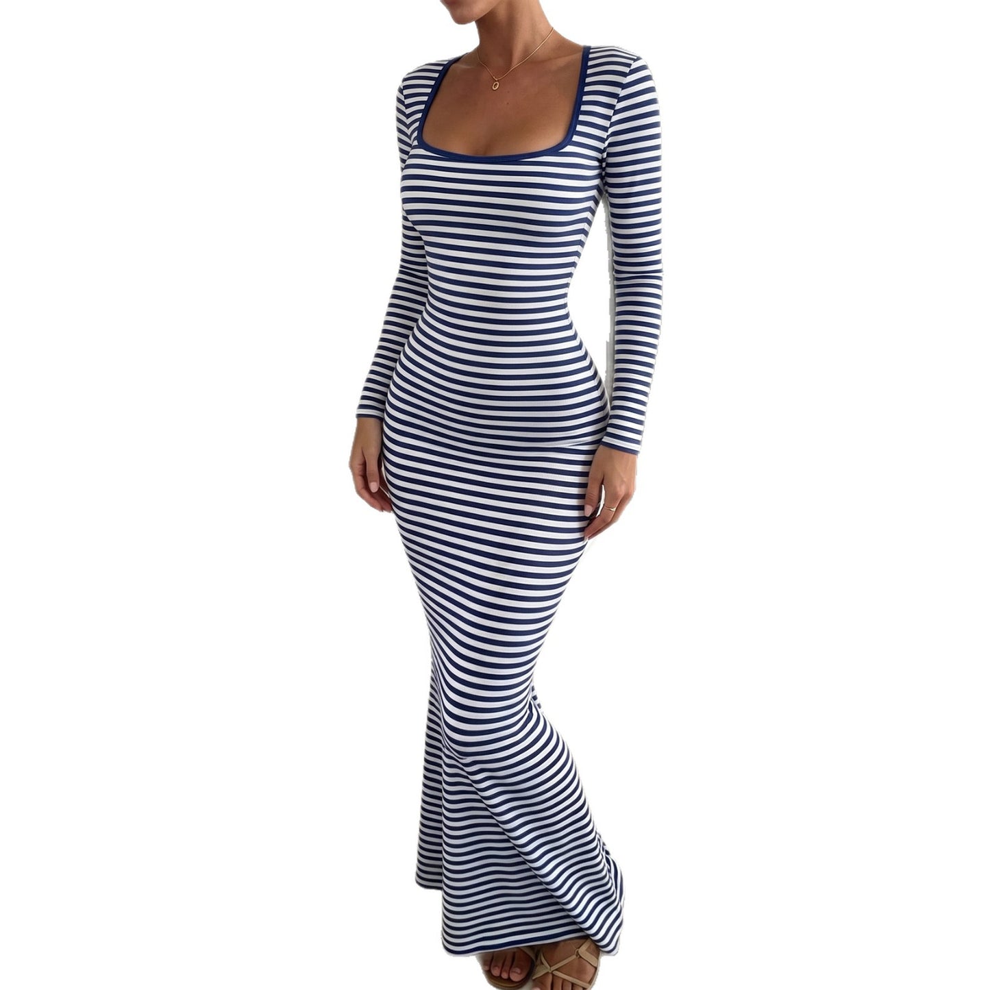 Square Neck Striped Long Sleeve Bodycon Maxi Dress