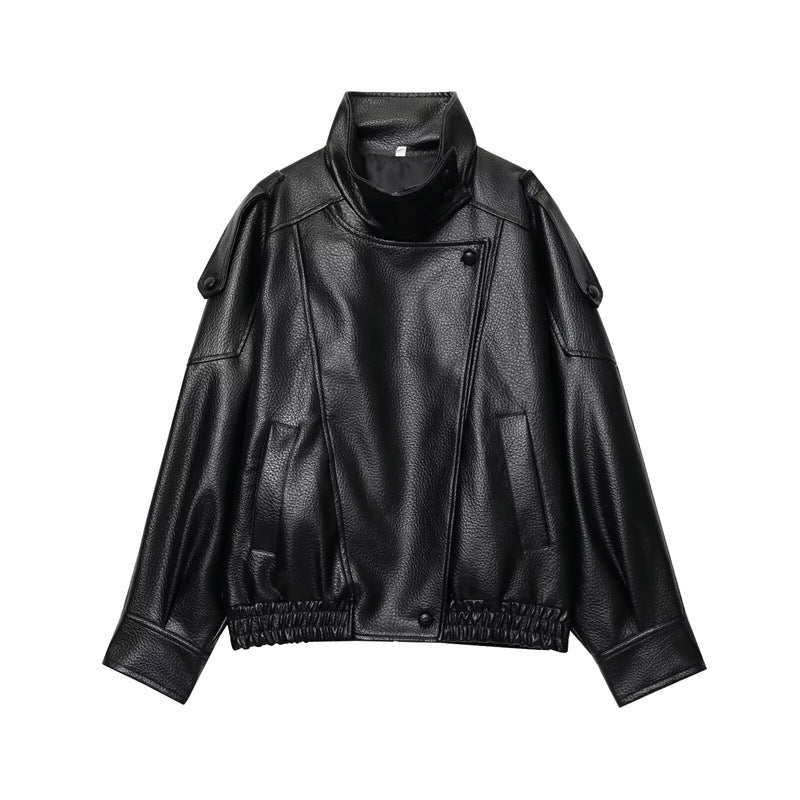 Womens Oversized Faux Leather Moto Jacket Streetwear